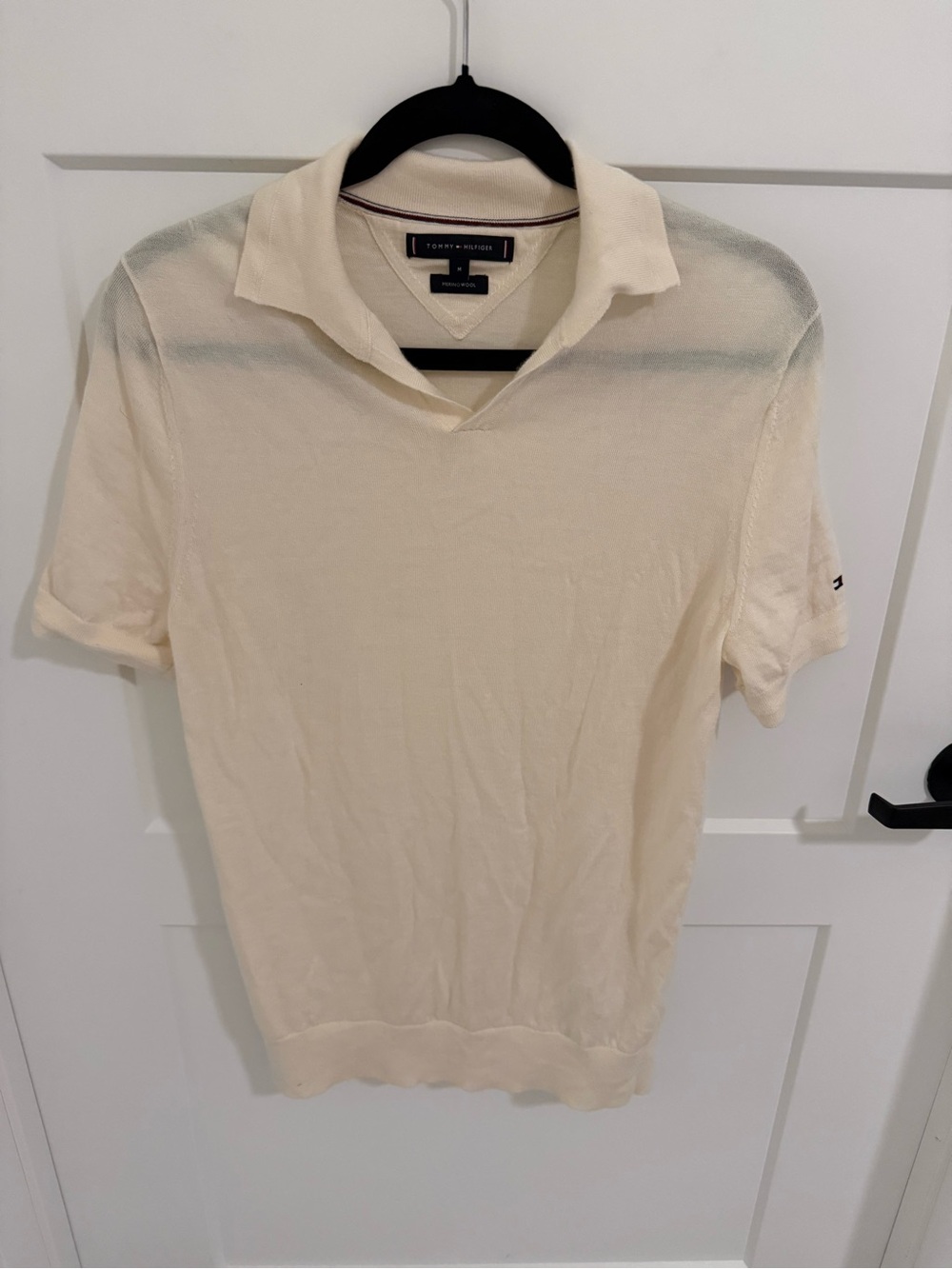 Tommy Hilfiger Merino Wool Polo Sweater Men M Cream Ivory Short Sleeve Knit